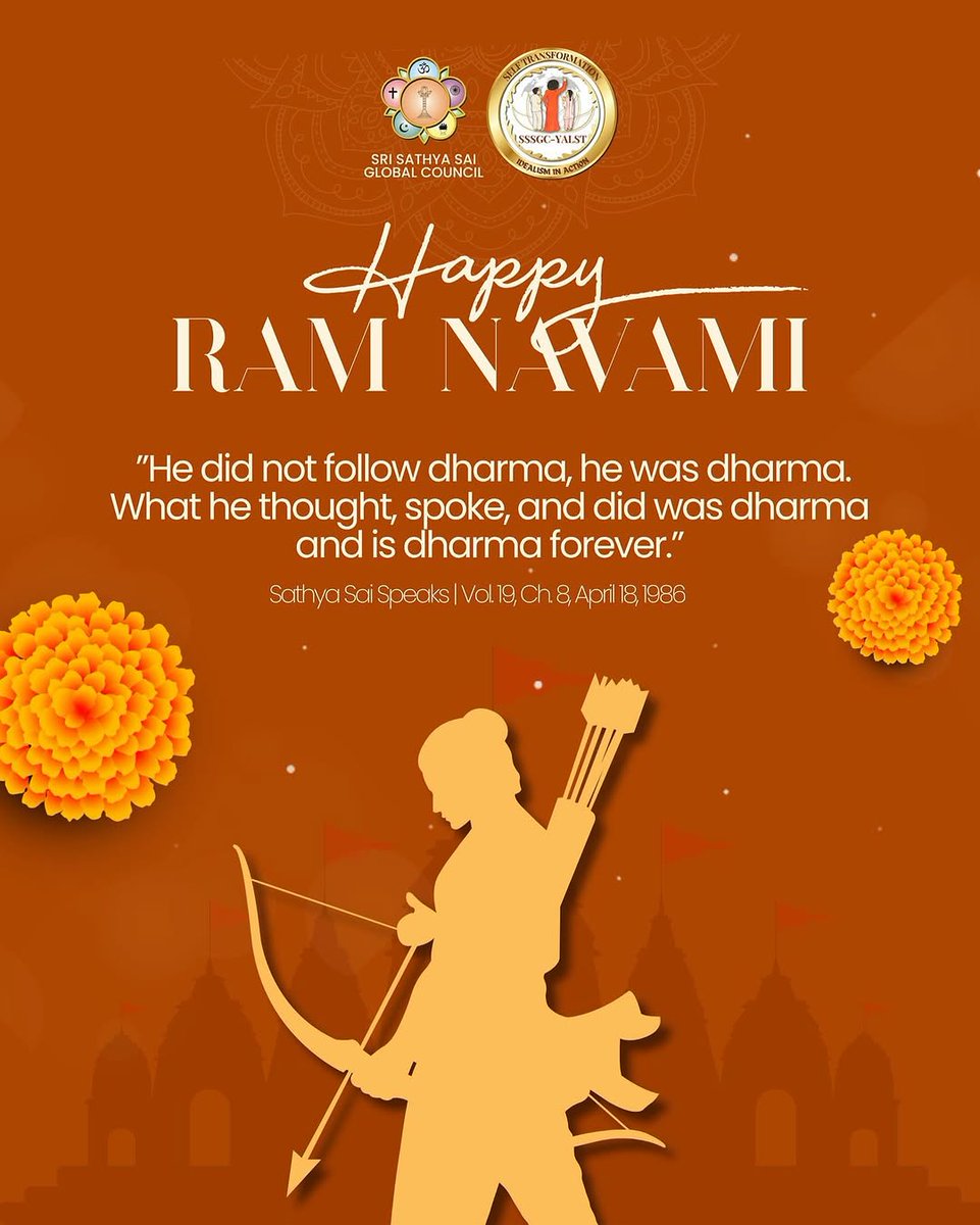 SSSGC_YALST's tweet photo. 𝗛𝗮𝗽𝗽𝘆 𝗦𝗿𝗶 𝗥𝗮𝗺 𝗡𝗮𝘃𝗮𝗺𝗶 🏹

"He did not follow dharma, he was dharma. What he thought, spoke, and did was dharma and is dharma forever." - Sathya Sai Speaks | Vol. 19, Ch. 8, April 18, 1986

#SSSGCYALST #100YearsofSriSathyaSai #SSSGC #RamayanWeek #RamNavami https://t.co/uye6upq9Ou