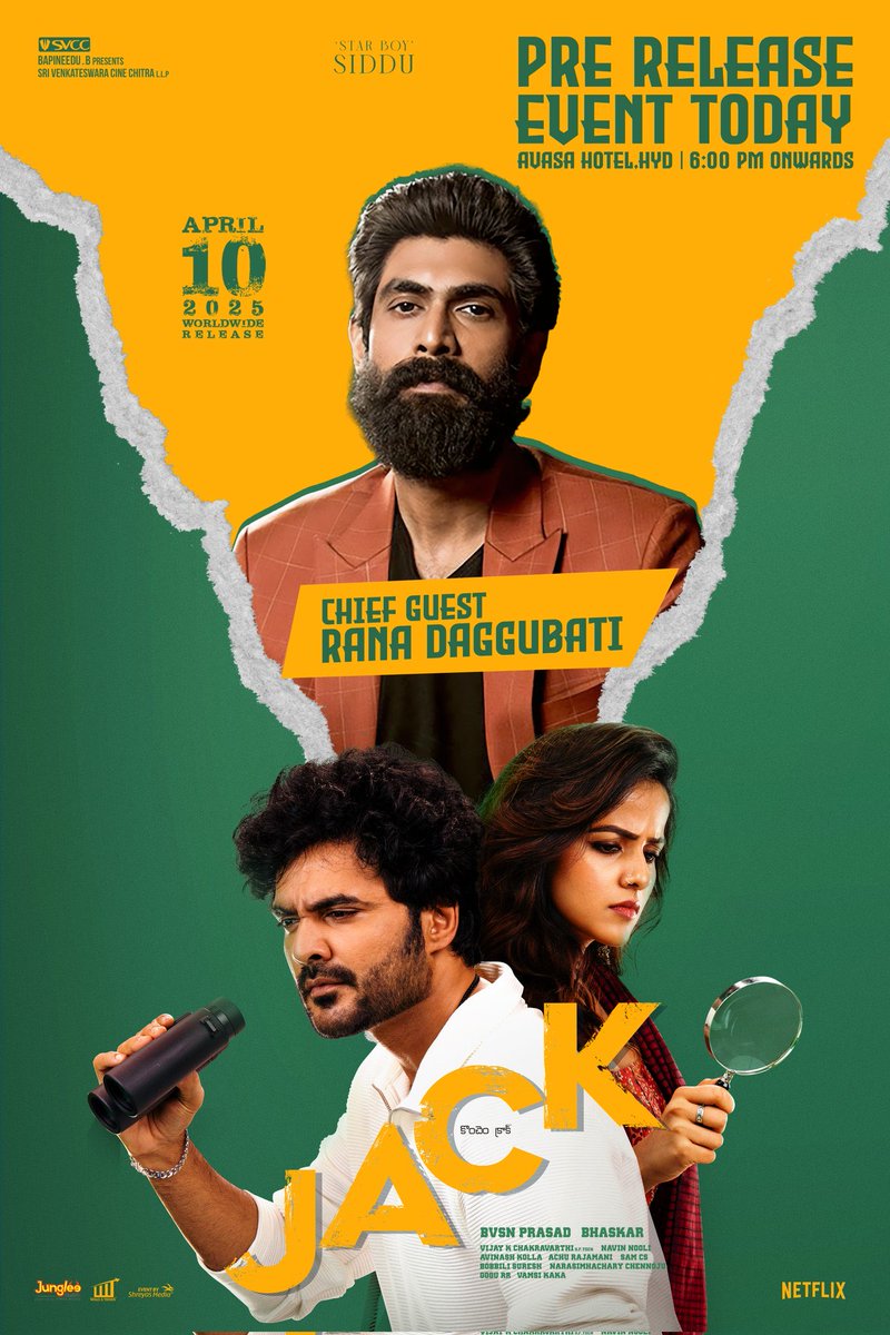 Saravanaravikumar (@saravanaspb) on Twitter photo The vibe is MASSIVE
and the Chief Guest is MIGHTY 💪🏼
<a href="/RanaDaggubati/">Rana Daggubati</a> joins the wild ride of #Jack ❤️
#Jack Pre Release Event Today
6 PM onwards | Avasa Hotel, Hyderabad 🤩
#JackOnApril10th
#SidduJonnalagadda <a href="/iamvaishnavi04/">Vaishnavi_Chaitanya</a> <a href="/baskifilmz/">Bommarillu Baskar</a> @Prakashraaj #AchuRajamani <a href="/SamCSmusic/">𝐒𝐀𝐌 𝐂 𝐒</a> The vibe is MASSIVE
and the Chief Guest is MIGHTY 💪🏼
<a href="/RanaDaggubati/">Rana Daggubati</a> joins the wild ride of #Jack ❤️
#Jack Pre Release Event Today
6 PM onwards | Avasa Hotel, Hyderabad 🤩
#JackOnApril10th
#SidduJonnalagadda <a href="/iamvaishnavi04/">Vaishnavi_Chaitanya</a> <a href="/baskifilmz/">Bommarillu Baskar</a> @Prakashraaj #AchuRajamani <a href="/SamCSmusic/">𝐒𝐀𝐌 𝐂 𝐒</a>