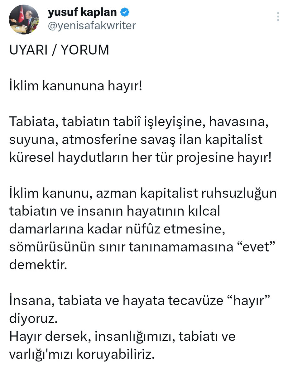 Ben de iklim yasasına hayır diyorum.
Bu yasa meclisten asla geçmemeli. 

#iklimkanununahayır