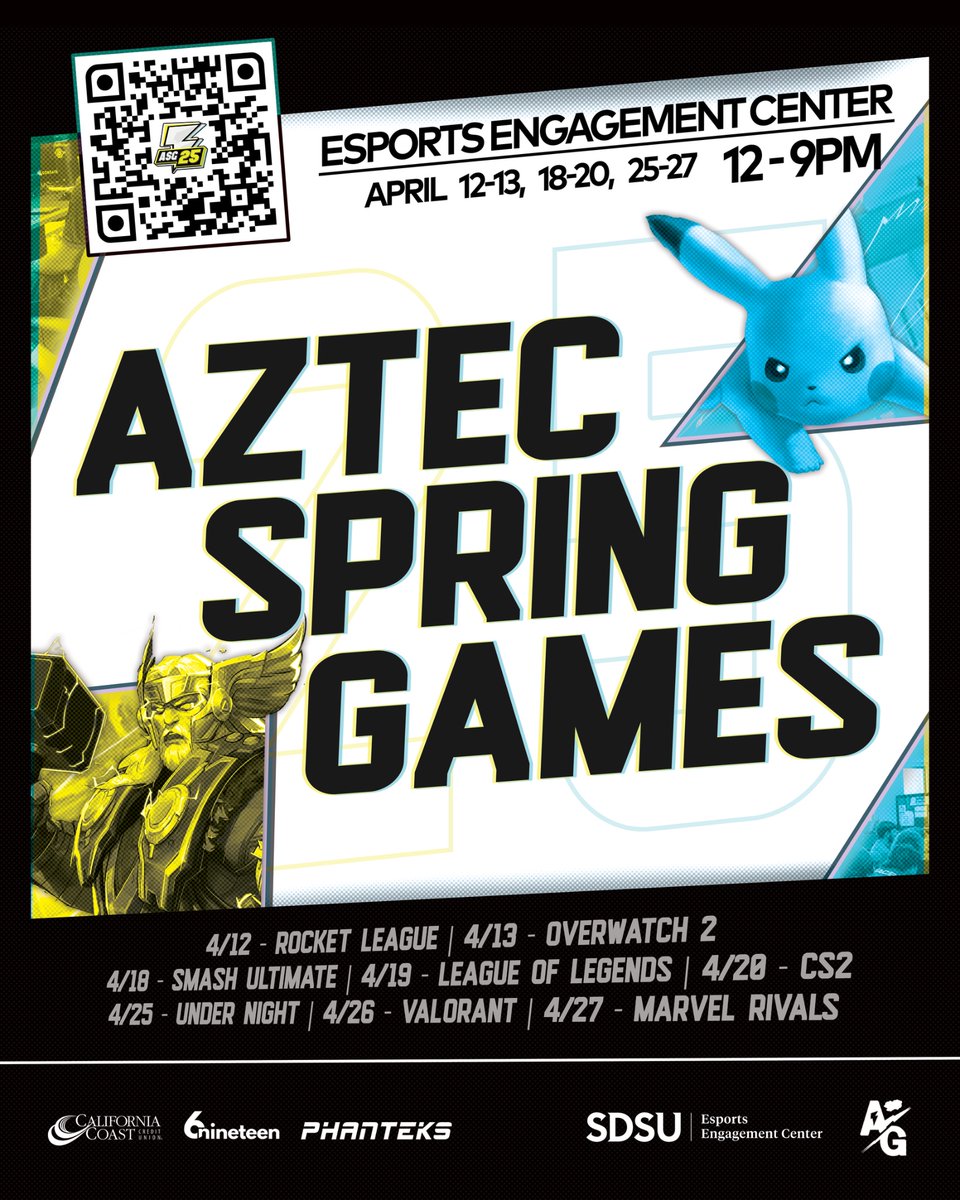 ⚡AZTEC SPRING GAMES 2025 STRIKES THIS WEEK!⚡ 

🎮 Get ready to witness some of the best collegiate teams in California battle it out at the Esports Engagement Center! Three weekends. Eight tournaments. Endless Hype.🏆