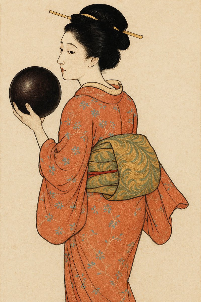 「見返り牽制図」
本作は、ボウリングのマナー「レーン牽制」を題材にした作品で、振り返る女性が相手への配慮と、その行動の適切さについての迷いを描いている。彼女の姿勢や表情から、マナーに対する不確実性が浮き彫りとなり、ボウリングのルールに対する深い思索と迷いが表現されている。