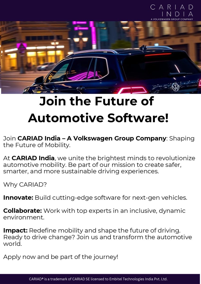 embitel's tweet image. Join the #MobilitySoftware revolution at #CARIADIndia!
 
We&apos;re #hiring for #AUTOSAR, QNX, GenAI, EV, FuSa &amp;amp; more. 

Code for Audi, VW, Porsche &amp;amp; shape the future of driving. 

Apply now: embitel.com/cariad-india-j…

#TechJobs #Automotive #HiringNow