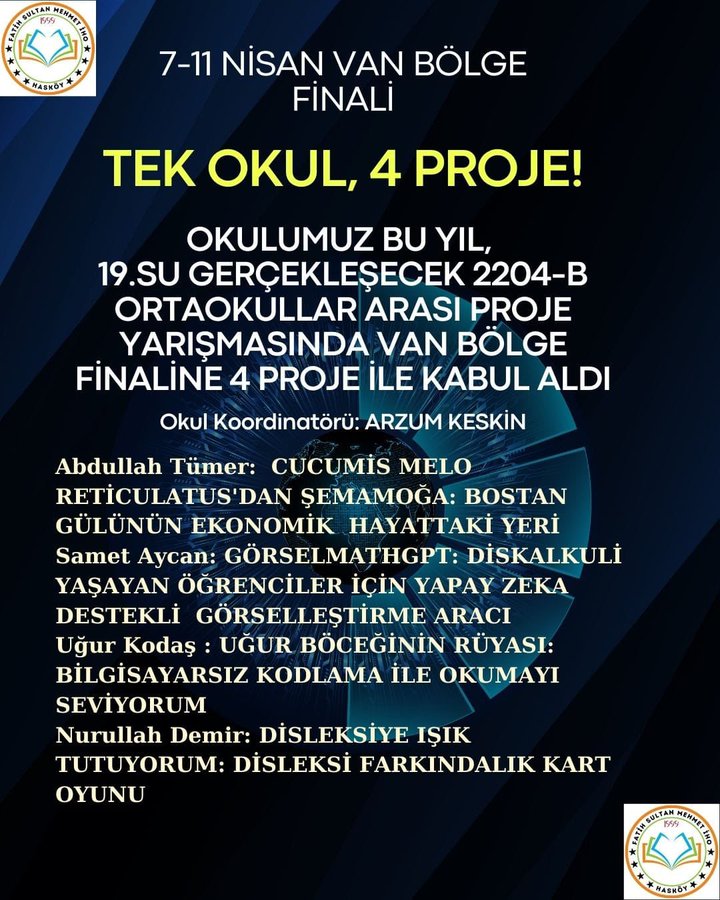 HaskoyMem's tweet photo. TÜBİTAK 2204/B bölge finallerine 4 proje ile katılan ilçemiz FSM İHO’ya başarılar dileriz. İdareci, öğretmen ve öğrencilerimizi tebrik ederiz. @tcmeb @Yusuf__Tekin @TCMusValiligi @haskoykymkmligi @bozyel_necdet @FSMIHO1453 https://t.co/jMiwEdLRxB