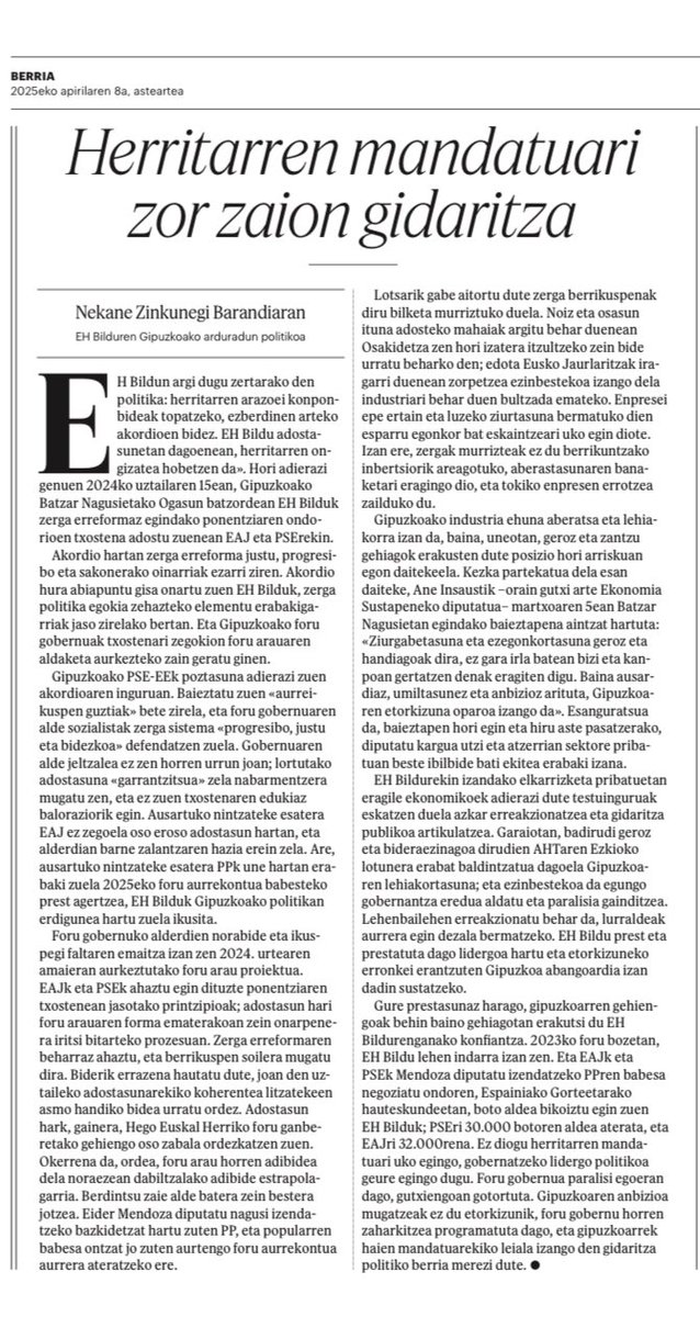“Foru gobernua paralisi egoeran dago, gutxiengoan gotortuta… Gipuzkoarrek haien mandatuarekiko leiala izango den gidaritza politiko berria merezi dute.”

Gaur <a href="/berria/">Berria.eus</a>|n <a href="/NekaneZinkunegi/">Nekane Zinkunegi Barandiaran</a> <a href="/ehbildu/">EH Bildu</a>|ren Gipuzkoako arduradun politikoaren iritzi artikulua

berria.eus/iritzia/artiku…