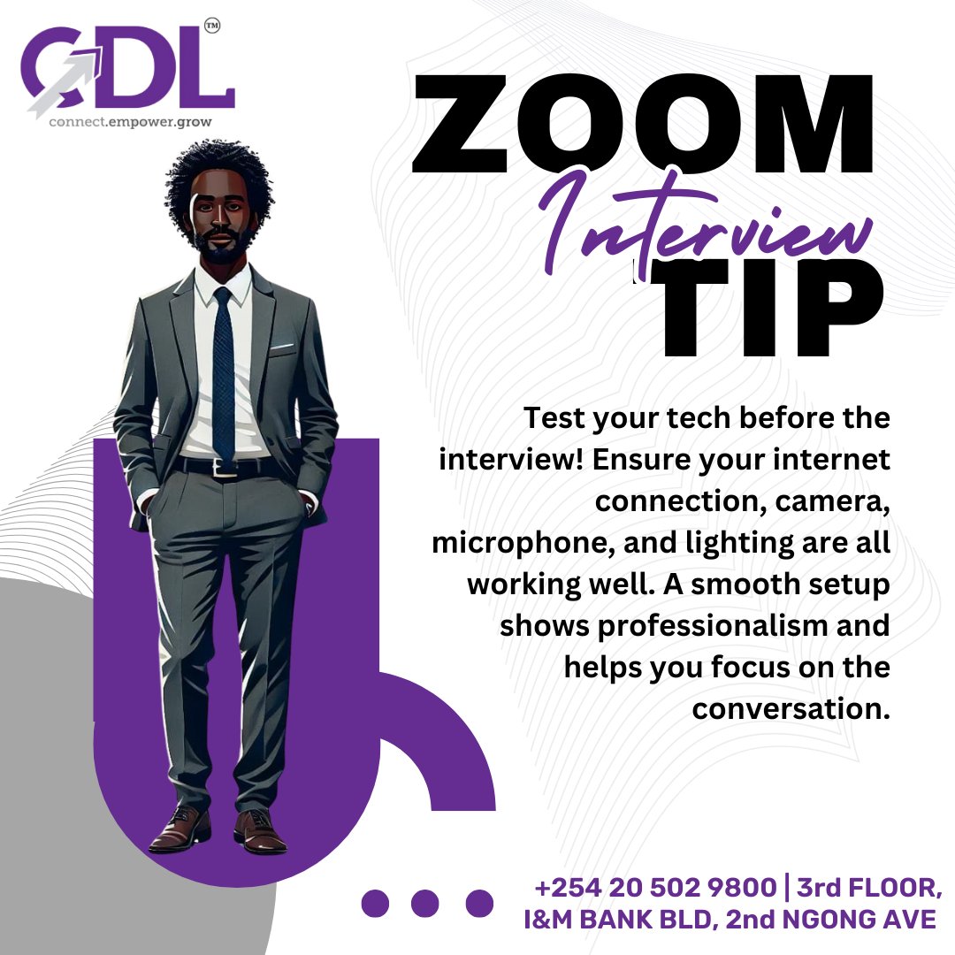 CDLAfrica's tweet image. Zoom Interview Tip of the Day!

Before your next virtual interview, make sure everything from your camera to your internet connection is working perfectly. First impressions matter — let yours be a smooth and professional one!

#InterviewTips #ZoomInterview #CareerGrowth  #Jobs