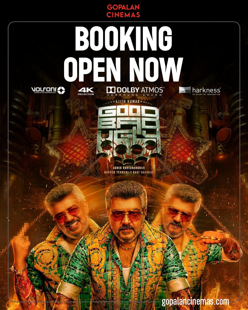 gopalan_cinemas's tweet photo. One screen ain't enough for this madness.
Three Ajiths. One wild ride.
Good? Bad? Ugly? You decide. 🎭🔥
Booking open Now at Gopalan Cinemas!
#TotalMadness #GoodBadUgly #AjithKumar #GopalanCinemas #TripleThreat #BookItNow https://t.co/5Xo2jiLIzy