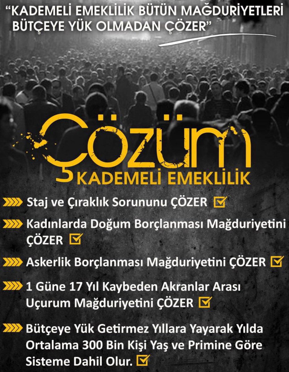 Bir tarihi baz alıp öncesine 38/43 yaş ancak bir gün sonrasına 58/60 demek anayasa,adalet,vicdan ve insanlık suçudur. İşte tam olarak bu yüzden “KADEMELİ EMEKLİLİK BÜTÜN MAĞDURİYETLERİ ÇÖZER “.EYT yasası üzerinden talep edilecek tüm yasalar vicdana,anayasaya ve adalete aykırıdır.