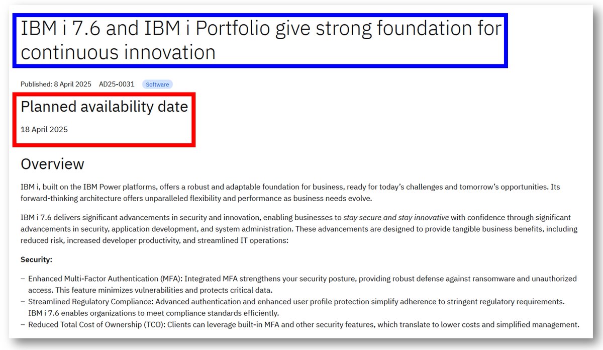 PowerSystems_i's tweet image. 🔘 IBM i – Annonce de la version IBM i 7.6
- Date d&apos;annonce : 08/04/2025
- Date de disponibilité : 18/04/2025

Quelques informations détaillées dans notre article
poweribmi.fr/2025/04/08/ann…