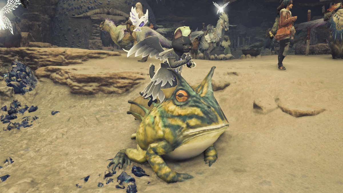 mh_world_jp's tweet photo. ドロンポーズで
オトモが口寄せの術・ガマ（正式名称では無い）でちゃんと印を結んで呼び出します。
忍鳥ポーズでも。

#モンスターハンターワイルズ https://t.co/w3uiX8sEZU