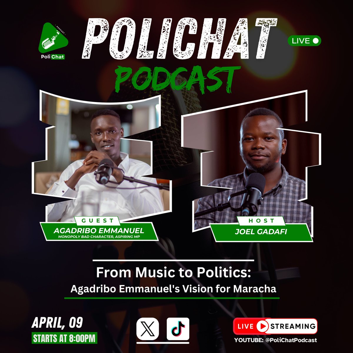 PoliChat Ep. 4 is out this Wednesday!

We host <a href="/monopolyBc/">monopoly badcharacter</a> — a musician turning political contender for Maracha Constituency. From the stage to Parliament?

Tune in as he shares his journey, vision &amp; bold call for youth leadership.

Watch via: youtube.com/@PoliChatPodca…

#PoliChatUG