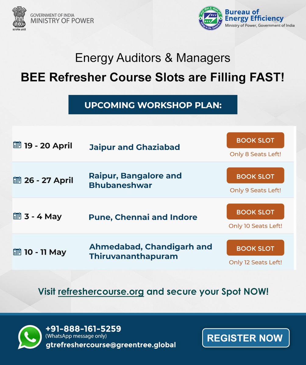 beeindiadigital's tweet image. Energy Auditors & Managers – Don’t miss out!
BEE Refresher Courses are LIVE across India.
📍 Jaipur, Ghaziabad, Raipur, Bangalore, Pune & more
🎯 Limited seats left. Book now at refreshercourse.org
#EnergyEfficiency #BEE #RefresherCourse