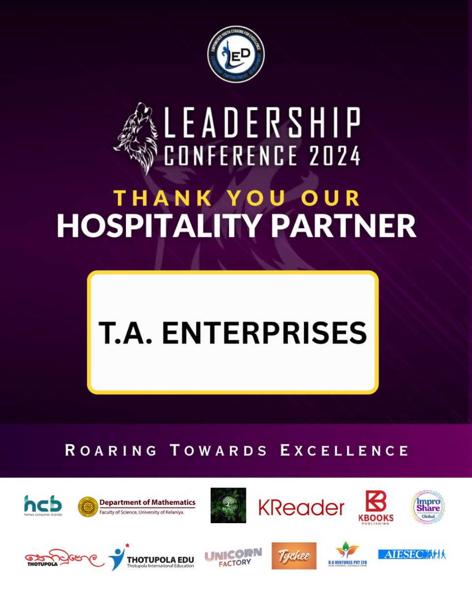 ledkln's tweet image. We are incredibly grateful to T. A. Enterprises for being our Official Hospitality Partner for the Leadership Conference 2024!

Your dedication to enhance leadership knowledge and provide valuable insights is a key part of the event’s success.

#TAEnterprises
#LC2024_LEDKLN
#UOK