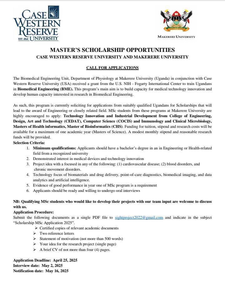 Makerere University Biomedical Engineering (@makbme) on Twitter photo Study Opportunity! Apply now for scholarships in Biomedical Engineering at <a href="/Makerere/">Makerere University</a> & <a href="/cwrusgs/">CWRU School of Graduate Studies</a>, funded by <a href="/Fogarty_NIH/">Fogarty at NIH</a> with focus on medical technology, innovation & research.
Check out for credentials 👇👇
<a href="/MakCEDAT/">Makerere University CEDAT</a> <a href="/MakerereCHS/">Makerere University College of Health Sciences</a> <a href="/citemakbme/">CITE</a> <a href="/IEEEembs/">IEEE Engineering Medicine and Biology Society</a> <a href="/RAEngNews/">Royal Academy of Engineering</a> <a href="/UIPE_Uganda/">UIPE</a> Study Opportunity! Apply now for scholarships in Biomedical Engineering at <a href="/Makerere/">Makerere University</a> & <a href="/cwrusgs/">CWRU School of Graduate Studies</a>, funded by <a href="/Fogarty_NIH/">Fogarty at NIH</a> with focus on medical technology, innovation & research.
Check out for credentials 👇👇
<a href="/MakCEDAT/">Makerere University CEDAT</a> <a href="/MakerereCHS/">Makerere University College of Health Sciences</a> <a href="/citemakbme/">CITE</a> <a href="/IEEEembs/">IEEE Engineering Medicine and Biology Society</a> <a href="/RAEngNews/">Royal Academy of Engineering</a> <a href="/UIPE_Uganda/">UIPE</a>