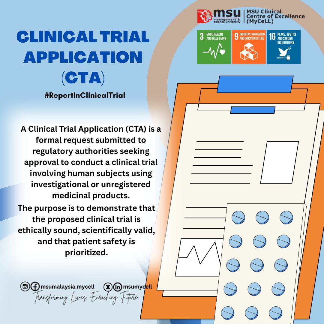 MSUMyCeLL's tweet photo. 🧪Thinking of starting a clinical trial in Malaysia?
Clinical Trial Application ensures safety, ethics, and scientific integrity before any trial begins. Let’s conduct research the right way!🇲🇾🔍
#ClinicalTrials #ResearchEthics #NPRA #MREC #MalaysiaHealth #GCP #MedicalResearch https://t.co/xvSPVTuSlu