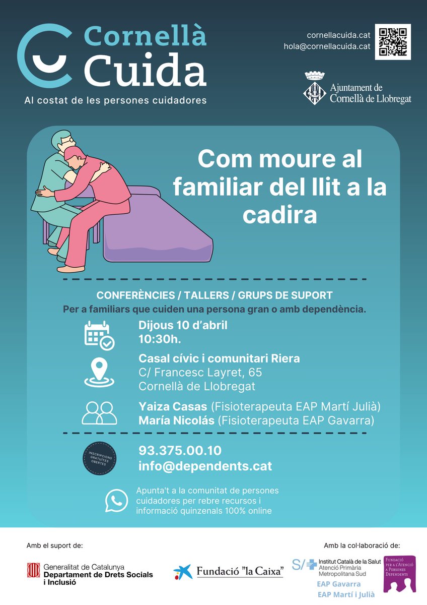 Fundependents's tweet photo. Una nova cita del Cornellà Cuida per a les  persones cuidadores.
📆Dijous 10 abril
⏰10:30 h
🏡Casal Cívic i Comunitaria Riera. c/ Francesc Layret, 65
https://t.co/tecRz3YcnX
📩info@dependents.cat
☎️933750010 https://t.co/HCE3AHUFsk