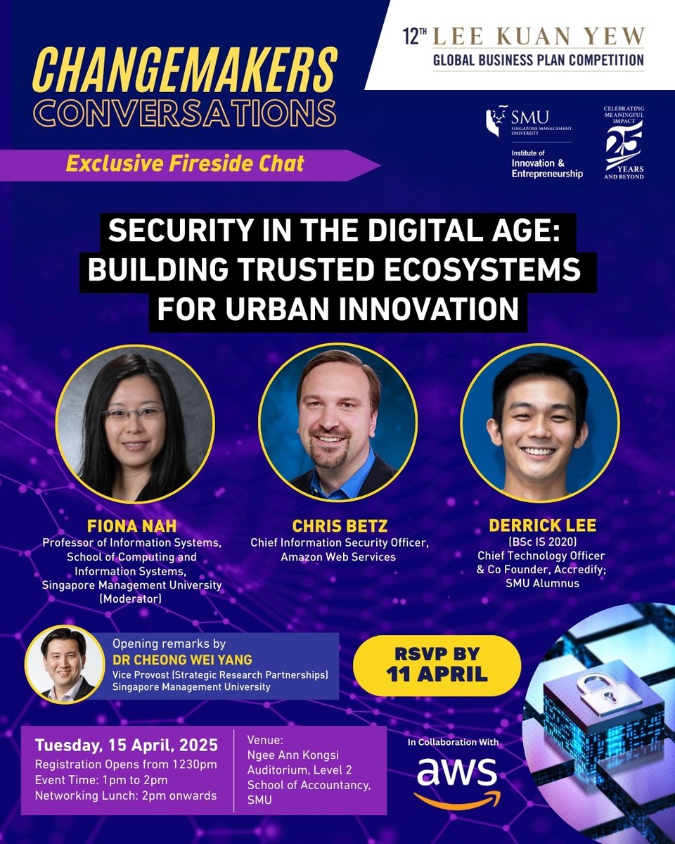 🚨 Join our CTO &amp; Co-Founder Derrick Lee at SMU’s Changemakers Conversations as he dives into trusted digital ecosystems with <a href="/awscloud/">Amazon Web Services</a>'s CISO, Chris Betz. Part of the Lee Kuan Yew Global Business Plan Competition.

📅 Apr 15 | 🕐 1PM | RSVP: lu.ma/ej05oiym
