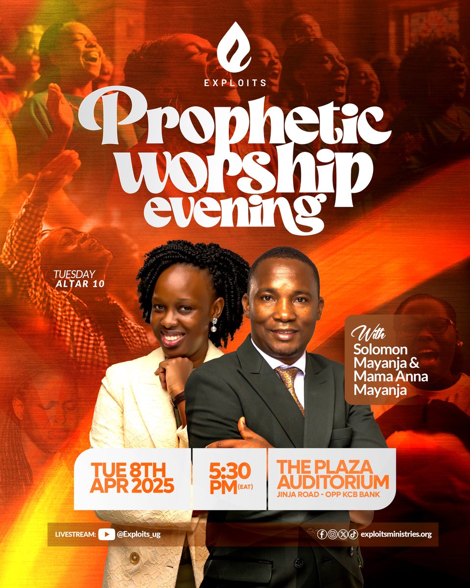 SolomonMayanja1's tweet image. I would love to invite you to join us this evening—Tuesday, April 8 at 5:30PM
The Plaza Auditorium. Plan your day ahead and don’t miss this powerful moment of worship & prophetic fire.
#Exploits #UnleashGreatness #CalledToGreatness