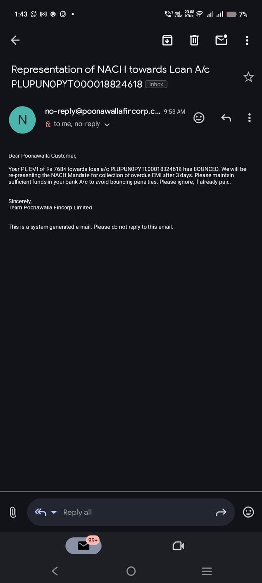 ManoswiniSethi1's tweet image. Extremely disappointed with @poonawallafinco
Paid my EMI on time (5th Apr, 7 PM) with sufficient balance—still got a bounce msg.
This happens every month! Hurting my credit score for no reason.
Not recommended at all. Fix your system! 🚫
#PoonawallaFincorp #EMIBounce #FintechFail