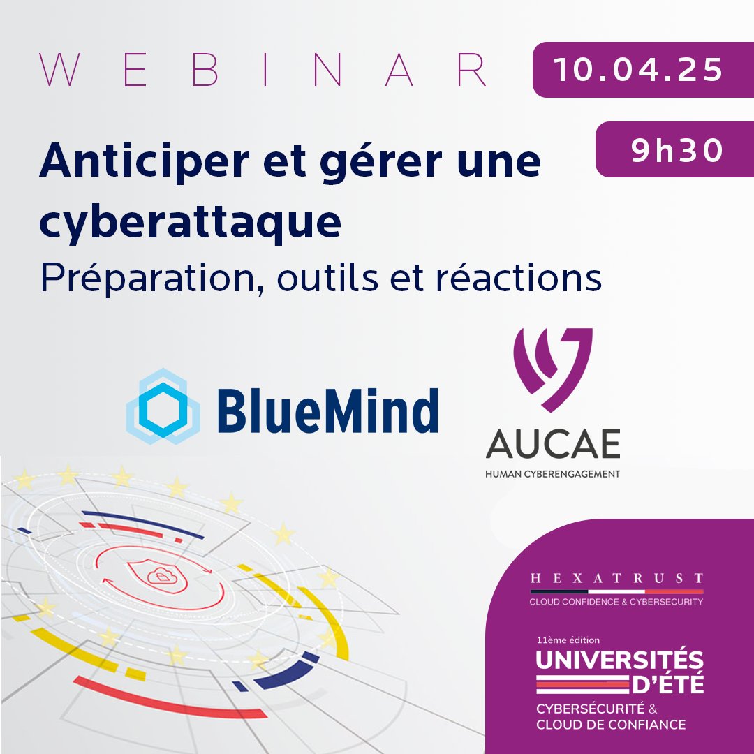 BlueMind (@bluemind) on Twitter photo 🚨 Webinar : Anticiper et gérer une #cyberattaque
📅 10/04 à 9h30
Avec BlueMind & AUCAE, découvrez comment anticiper, préparer et organiser la gestion de crise même en cas de black-out du #SI.
<a href="/Hexatrust/">HEXATRUST</a> #cybersécurité #NIS2 #DORA #messagerie #ransomware
👉web.private-discuss.com/register/r-KlF… 🚨 Webinar : Anticiper et gérer une #cyberattaque
📅 10/04 à 9h30
Avec BlueMind & AUCAE, découvrez comment anticiper, préparer et organiser la gestion de crise même en cas de black-out du #SI.
<a href="/Hexatrust/">HEXATRUST</a> #cybersécurité #NIS2 #DORA #messagerie #ransomware
👉web.private-discuss.com/register/r-KlF…