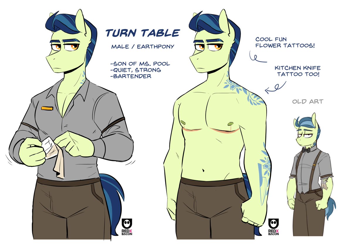 I had to simplify his tattoos a lot- Iv learned from my mistakes!  😞💦
Turn likes to cook, he didn't make it as a chef but he gets to make fun simple dishes at the bar sometimes :D   

Feat | Turn Table