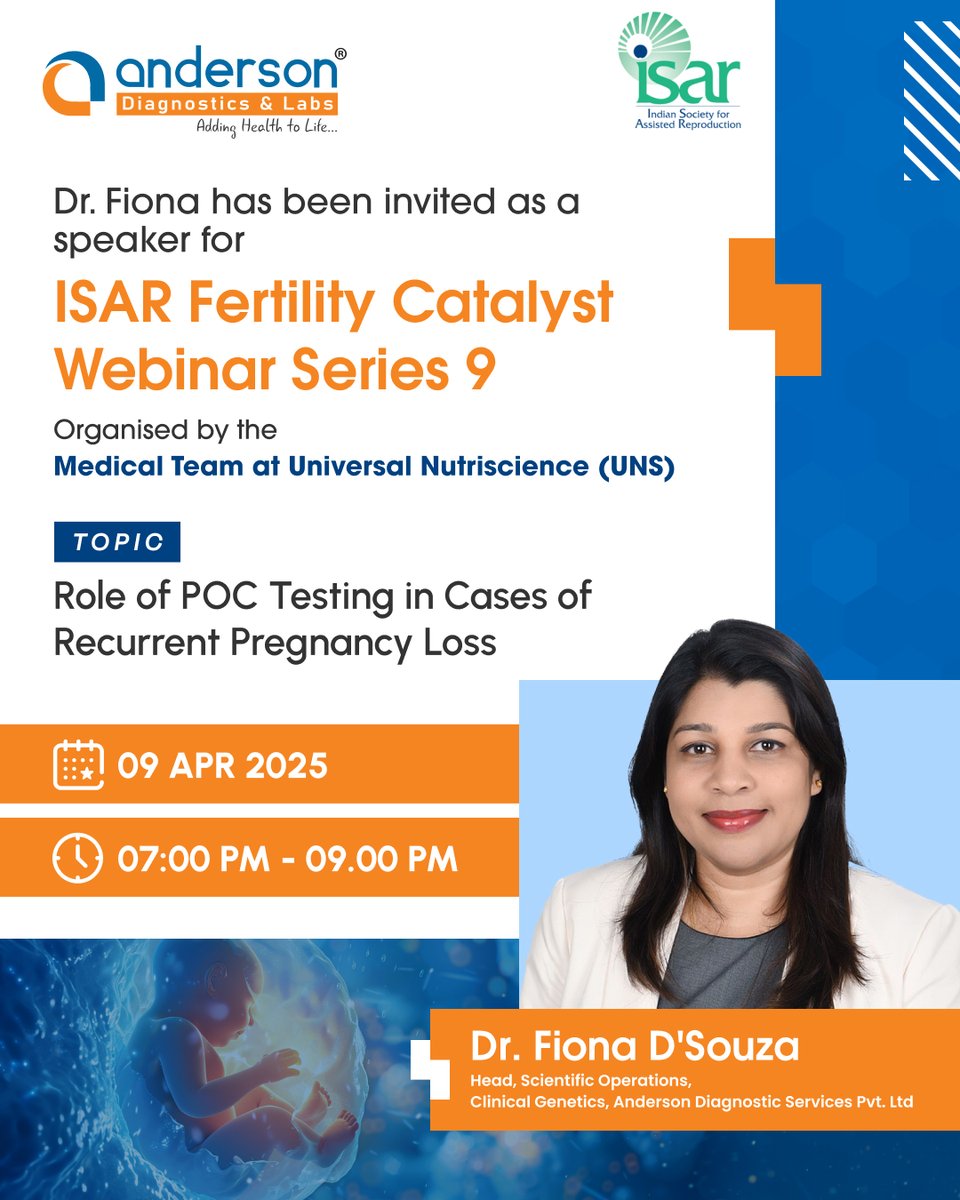 anderson_diag's tweet image. We’re proud that our Dr. Fiona Head, Scientific Operations, from Anderson Diagnostics, is speaking at ISAR Webinar Series 9 by UNS! 

Topic: Role of POC Testing in Recurrent Pregnancy Loss on 9 April @ 7 PM - 9 PM. 
Register now: rx-events.live/CoQ300/

#POCTesting #Genetics