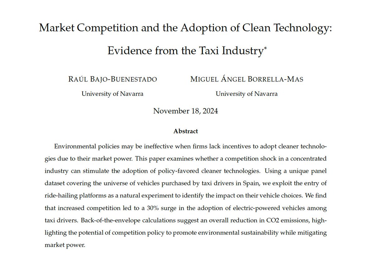 Otro beneficio (más) de la competencia: incentiva la adopción de nuevas tecnologías.

La entrada de VTC (Uber/Cabify) en las ciudades españolas supuso un aumento causal del 30% en la compra de vehículos con tecnologías limpias (híbridos y/o eléctricos) por parte de los taxistas.