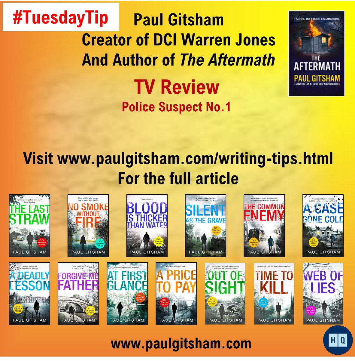 Dr Paul Gitsham (The Aftermath - out now) (@dcijoneswriter) on Twitter photo Welcome to this week's #TuesdayTip!
I might not be an expert, but after 14 books Iāve learned a thing or two.
"TV review: Police Suspect No.1"
Follow the link paulgitsham.com/writing-tips/tā¦
R U a writer with a tip? DM me
#TheAftermath
#WritingTips
<a href="/CrimeReaders/">The Crime Readersā Association</a>
@theCWA Welcome to this week's #TuesdayTip!
I might not be an expert, but after 14 books Iāve learned a thing or two.
"TV review: Police Suspect No.1"
Follow the link paulgitsham.com/writing-tips/tā¦
R U a writer with a tip? DM me
#TheAftermath
#WritingTips
<a href="/CrimeReaders/">The Crime Readersā Association</a>
@theCWA