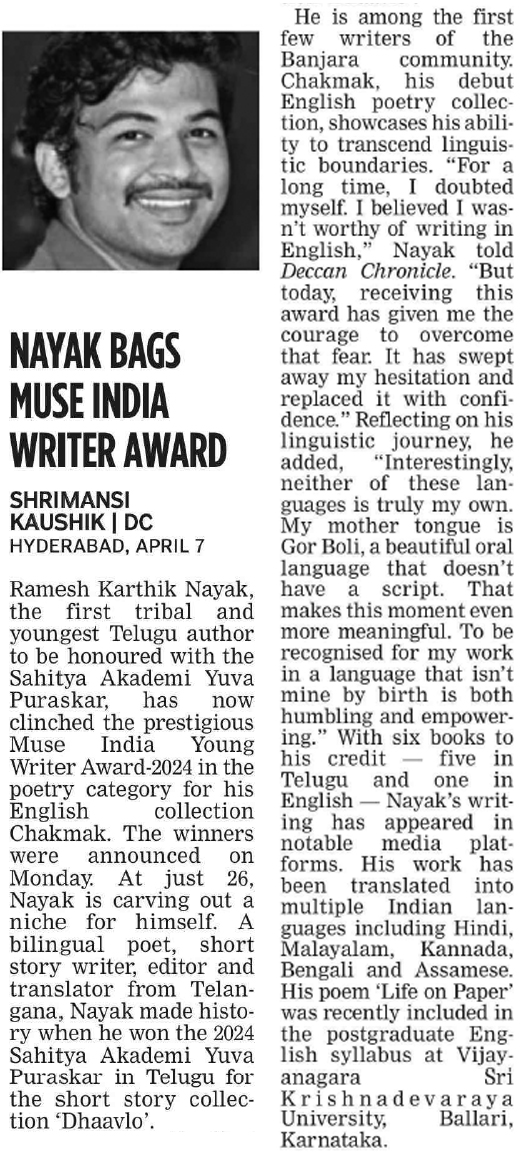 Nayak bags muse India writer award 

#DhartiAabaJanjatiyaGramUtkarshAbhiyan
#EmpoweringTribalsViksitBharat
#EmpoweringTribalsTransformingIndia
#JanjatiyaGauravVarsh 
<a href="/narendramodi/">Narendra Modi</a> <a href="/PMOIndia/">PMO India</a> <a href="/rashtrapatibhvn/">President of India</a> <a href="/jualoram/">Jual Oram</a> <a href="/Dduikey/">Durgadas Uikey 🇮🇳</a> <a href="/pibindia/">PIBIndia</a> <a href="/mygovindia/">MyGovIndia</a> <a href="/AmritMahotsav/">Amrit Mahotsav</a>