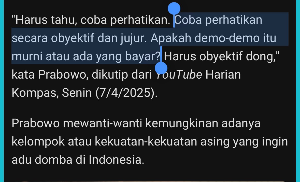 Fedi Nuril (@realfedinuril) on Twitter photo Kepada Pak <a href="/prabowo/">Prabowo Subianto</a>
Secara objektif artinya keadaan yang sebenarnya/faktual. Sedangkan yang bapak lakukan adalah menginsinuasi para pedemo dengan bertanya “murni atau dibayar” dan “mewanti2 kemungkinan”.
Mana fakta/bukti bahwa para pedemo RUU TNI dibayar oleh kekuatan asing? Kepada Pak <a href="/prabowo/">Prabowo Subianto</a>
Secara objektif artinya keadaan yang sebenarnya/faktual. Sedangkan yang bapak lakukan adalah menginsinuasi para pedemo dengan bertanya “murni atau dibayar” dan “mewanti2 kemungkinan”.
Mana fakta/bukti bahwa para pedemo RUU TNI dibayar oleh kekuatan asing?