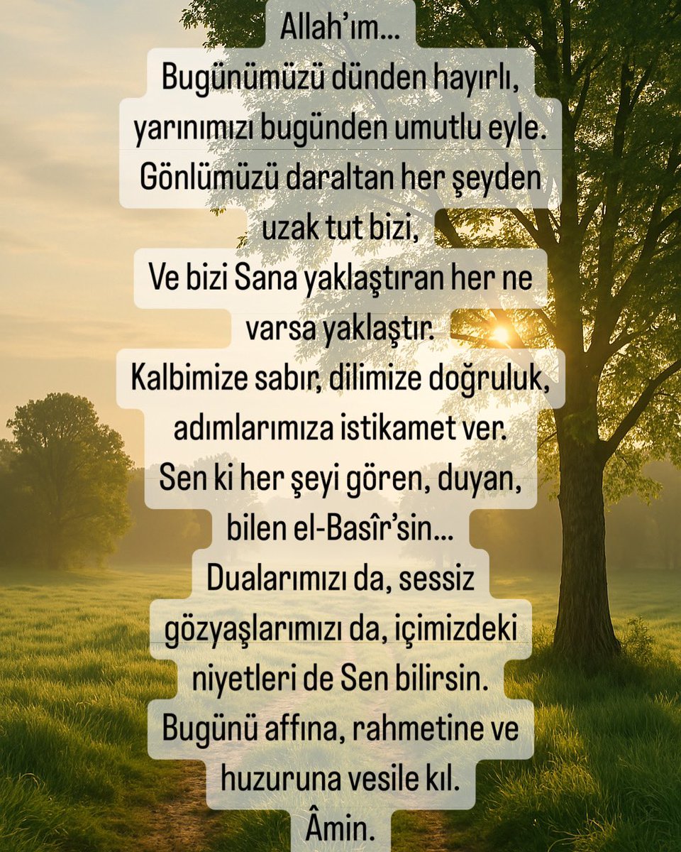 Bugün bir dua ile başla…
Gönlünü daraltan ne varsa Rabbine bırak. Çünkü O, senin iç sesini bile işiten el-Basîr’dir. Gözyaşların sessiz olsa da, niyetlerin dillendirilmemiş olsa da Allah bilir. Ve O bilir ki, bu kalp sadece huzur ister… sadece af diler.

Bugünün duası: