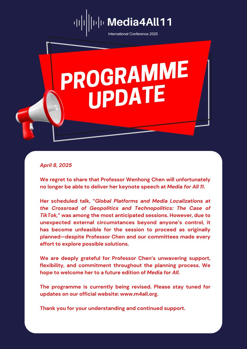 📢We regret to share that Professor Wenhong Chen will unfortunately no longer be able to deliver her keynote speech at #MediaforAll11.

We are truly grateful for her generous support and hope to welcome her in a future edition.

#mediaconference #m4all #m4all11