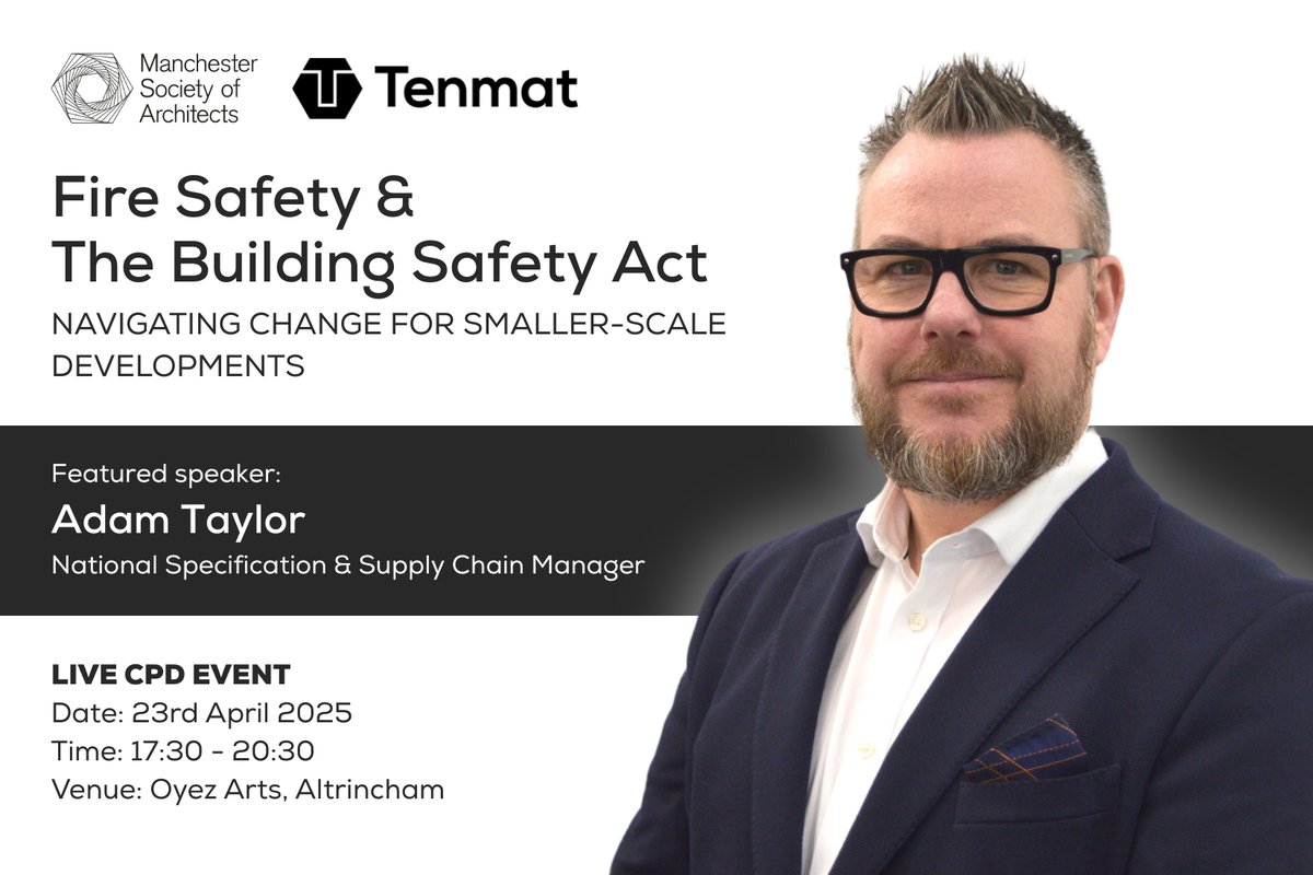 We're delighted to be participating in the Manchester Society of Architects Live CPD Event - Fire Safety &amp; The Building Safety Act: Navigating Change for Smaller-Scale Developments - on the 23rd of April, with Adam Taylor taking a featured speaker spot.

#altrincham #architects