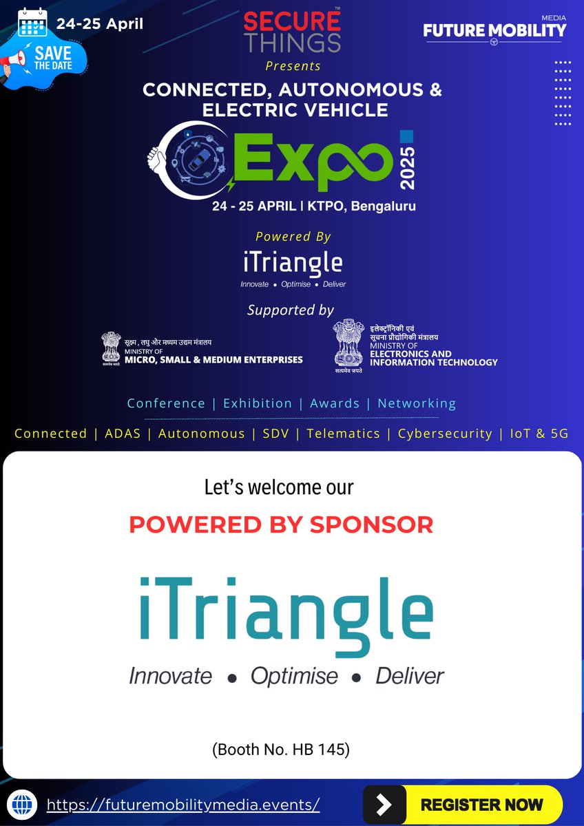 Mobility_Media's tweet image. We are delighted to welcome iTriangle as the POWERED BY Sponsor for Connected, Autonomous &amp;amp; Electric Vehicle EXPO 2025!

📅 Event Dates: 24-25 April 2025
📍 Venue: KTPO, Bengaluru, India
🔗 Register now: futuremobilitymedia.events

#VadirajKatti #iTriangle #SDV #ConnectedVehicles