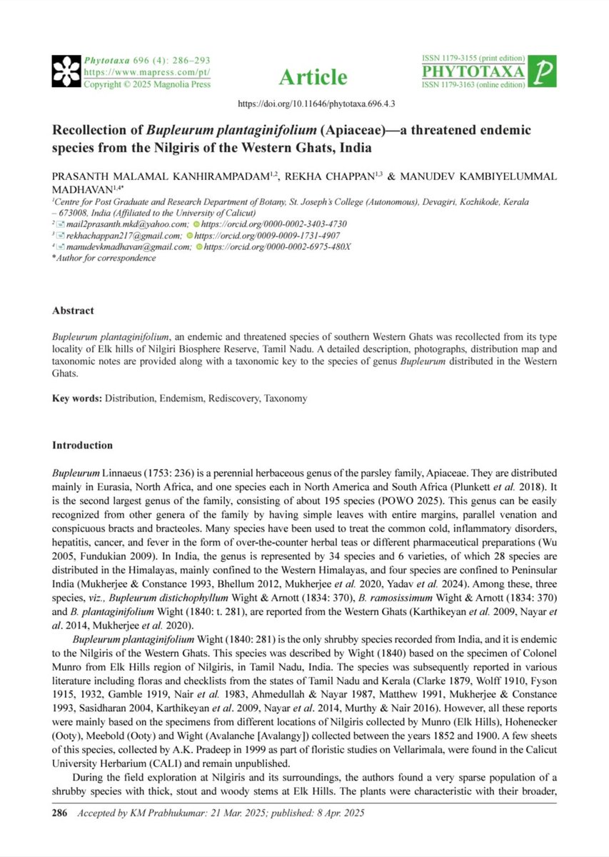 #Publication_Alert
Latest publication from our lab.
 
Recollection of Bupleurum plantaginifolium (Apiaceae)—a threatened endemic species from the Nilgiris of the Western Ghats, India
doi.org/10.11646/phyto…