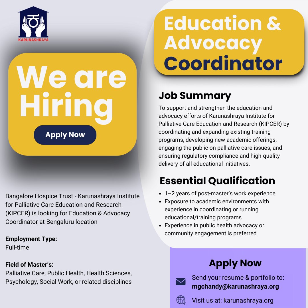 Karunashraya (@karunashraya) on Twitter photo We're Hiring!
We’re looking for an Education and Advocacy Coordinator to drive impactful learning in palliative care.
📧 Interested candidates can share their resume at: mgchandy@karunashraya.org
#PalliativeCare #EducationJobs #HealthAdvocacy #PublicHealth #HiringNow We're Hiring!
We’re looking for an Education and Advocacy Coordinator to drive impactful learning in palliative care.
📧 Interested candidates can share their resume at: mgchandy@karunashraya.org
#PalliativeCare #EducationJobs #HealthAdvocacy #PublicHealth #HiringNow