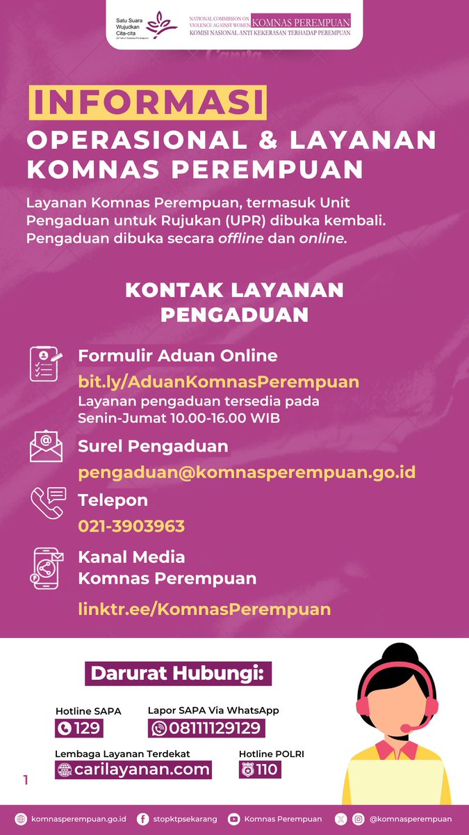 KomnasPerempuan's tweet image. Selamat siang Tweeps!
Per tanggal 8 April 2025, operasional dan layanan publik Komnas Perempuan termasuk Unit Pengaduan untuk Rujukan (UPR) dibuka kembali secara luring dan daring.

Silahkan disimpan dan dibagikan infonya. Jika membutuhkan bantuan lainnya, silahkan mention/DM ya!