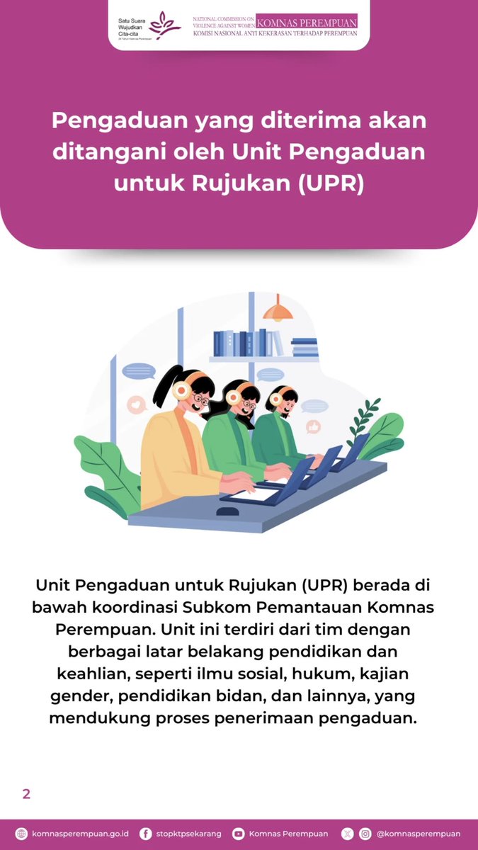 KomnasPerempuan's tweet image. Selamat siang Tweeps!
Per tanggal 8 April 2025, operasional dan layanan publik Komnas Perempuan termasuk Unit Pengaduan untuk Rujukan (UPR) dibuka kembali secara luring dan daring.

Silahkan disimpan dan dibagikan infonya. Jika membutuhkan bantuan lainnya, silahkan mention/DM ya!