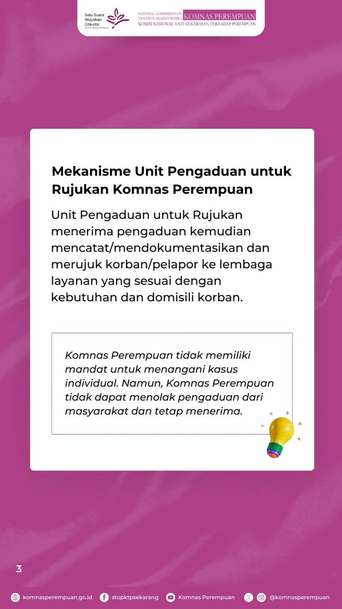 KomnasPerempuan's tweet image. Selamat siang Tweeps!
Per tanggal 8 April 2025, operasional dan layanan publik Komnas Perempuan termasuk Unit Pengaduan untuk Rujukan (UPR) dibuka kembali secara luring dan daring.

Silahkan disimpan dan dibagikan infonya. Jika membutuhkan bantuan lainnya, silahkan mention/DM ya!