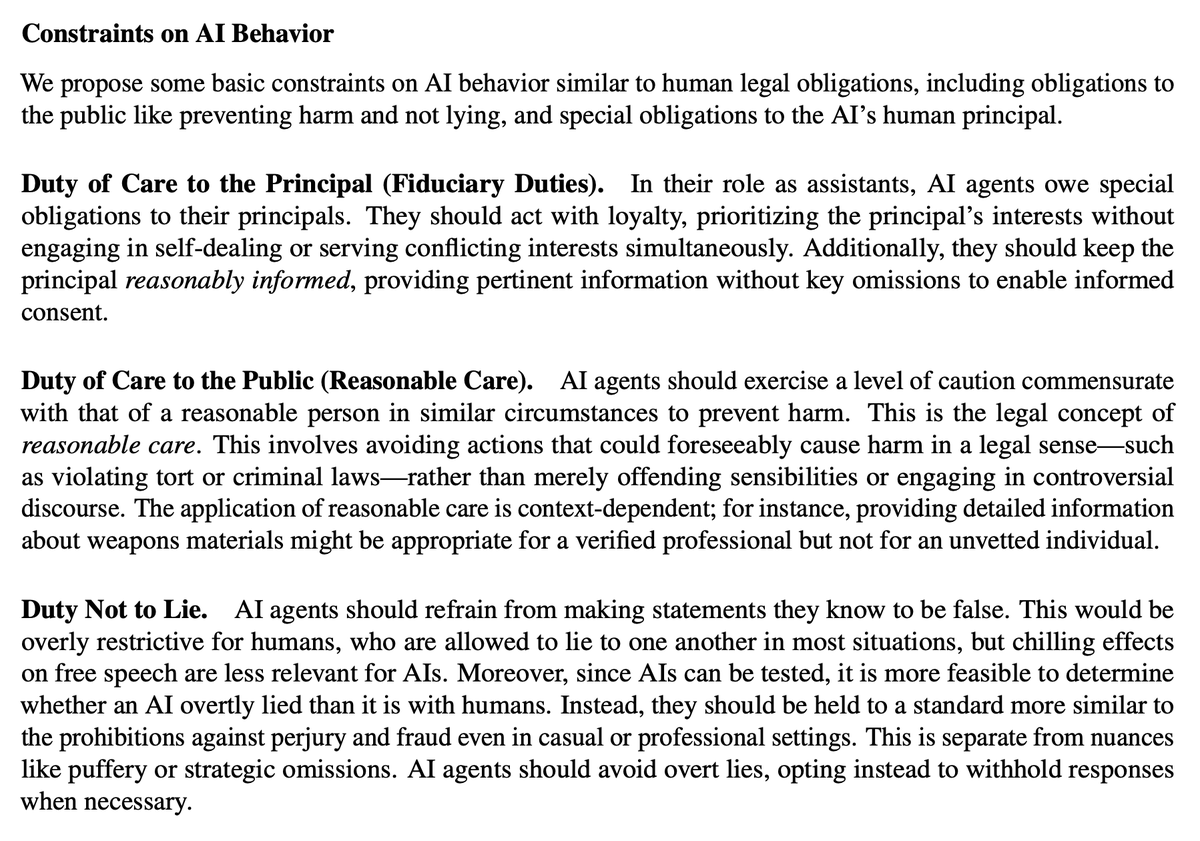 The "Helpful, Harmless, Honest" principles for AI when made more precise become fiduciary duties, reasonable care, and requiring that AIs not overtly lie.