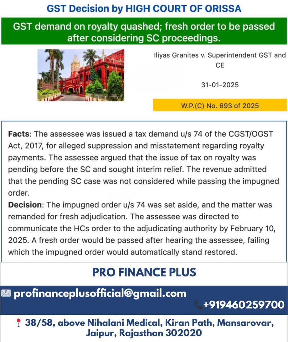 profinanceplus's tweet image. Tax Demand u/s 74 Set Aside Due to Pending SC Case on Royalty – Matter Remanded for Fresh Adjudication
#GSTUpdate #Section74 #TaxDemand #RoyaltyTaxation #SCJudgment #CGST #OGST #TaxLitigation #HighCourtOrder #IndirectTax #Adjudication #CAUpdate #TaxLawIndia #GSTLaw