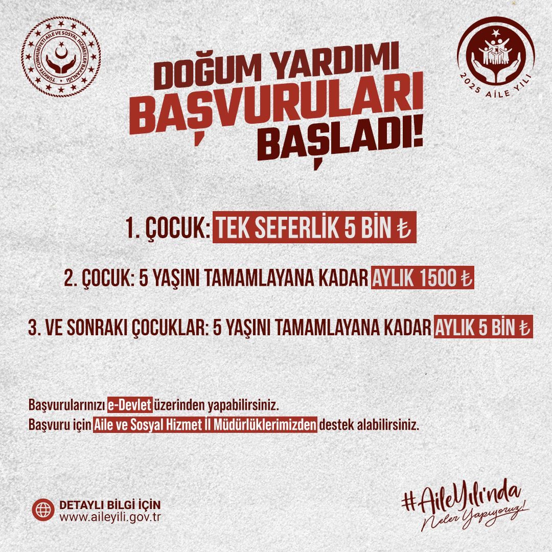 📢 Doğum yardımı başvuruları başladı!

1️⃣. çocuk için: Tek seferlik 5 bin TL
2️⃣. çocuk için: 5 yaşını tamamlayana kadar aylık 1.500 TL
3️⃣. ve sonraki çocuklar için: 5 yaşını tamamlayana kadar aylık 5 bin TL

📝 Başvurunuzu e-Devlet üzerinden yapabilirsiniz.

🔗
