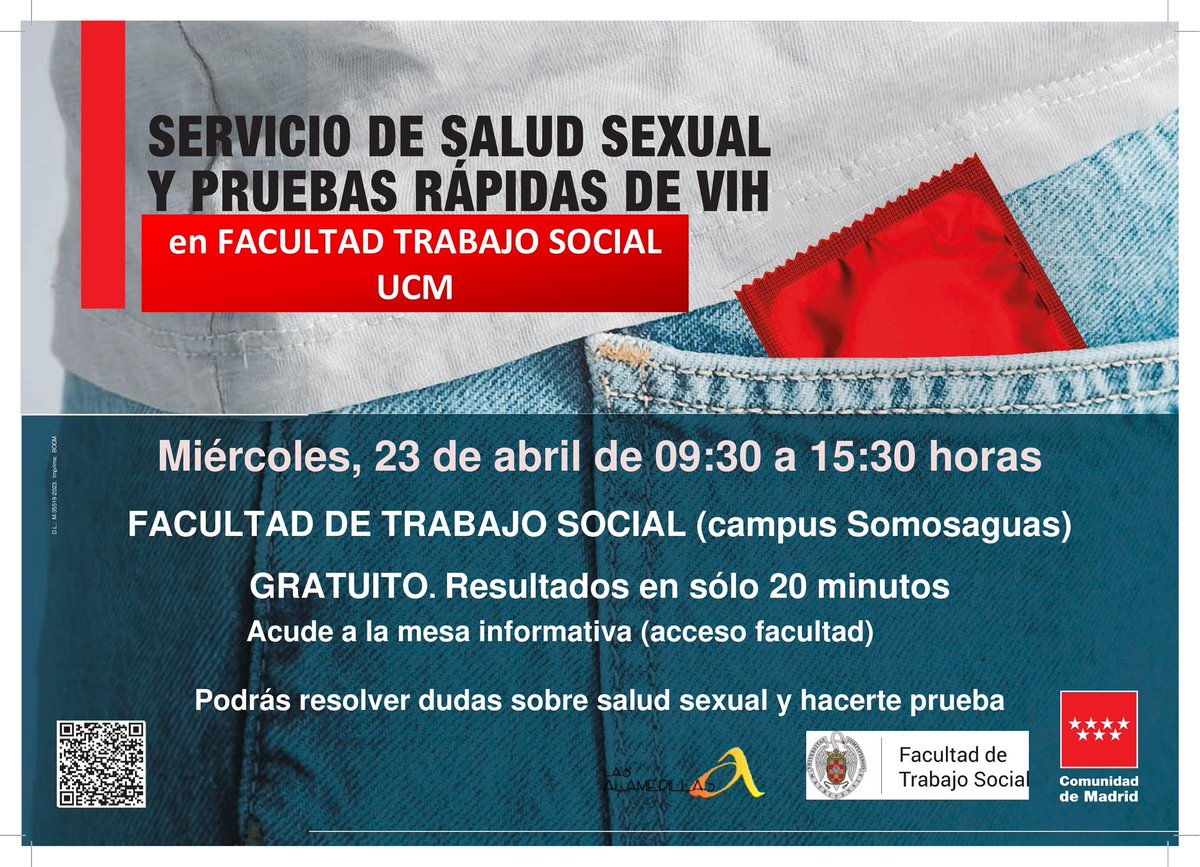 Servicio de salud sexual y pruebas rápidas de VIH gratuito con resultados en 20 minutos en nuestra Facultad. El próximo miércoles 23 de abril en horario de mañana  hasta las 15h30. 
¡Os esperamos!