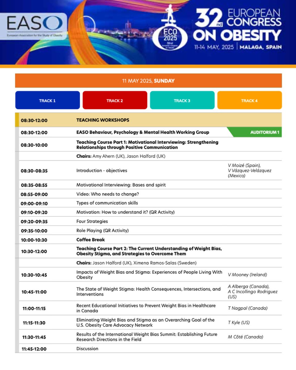 #ECO2025 is pleased to have <a href="/amy_ahern/">Amy Ahern</a> 🇬🇧 and <a href="/JasonCGHalford/">Jason C G Halford</a> 🇬🇧 chair Teaching Course Part 1: Motivational Interviewing: Strengthening Relationships through Positive Communication

➡️ 11th May, 8:30am

Learn more and register: eco2025.org

@EASOPresident