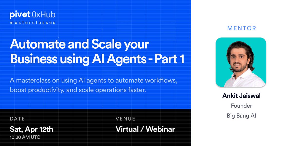 Pivot (@0xpivot_) on Twitter photo β‘οΈ Want to scale your startup using AI Agents, but donβt know where to start? β‘οΈ
<a href="/0xPivot_/">Pivot β‘οΈ SuperAI Singapore 2025 πΈπ¬ π«</a> is hosting a hands-on masterclass to help founders & startup teams to automate & scale their business ops using AI agents on.
π
12th April | 10:30 AM UTC
ποΈ Register Here: β‘οΈ Want to scale your startup using AI Agents, but donβt know where to start? β‘οΈ
<a href="/0xPivot_/">Pivot β‘οΈ SuperAI Singapore 2025 πΈπ¬ π«</a> is hosting a hands-on masterclass to help founders & startup teams to automate & scale their business ops using AI agents on.
π
12th April | 10:30 AM UTC
ποΈ Register Here: