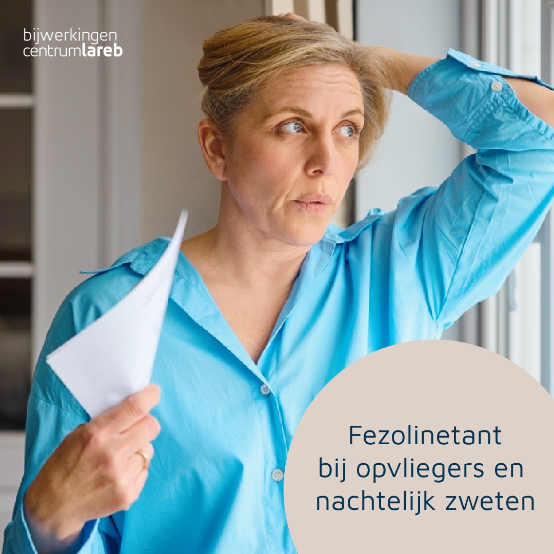 Veel vrouwen hebben klachten tijdens de #overgang, zoals opvliegers. Fezolinetant (Veoza) kan gebruikt worden voor de behandeling van hinderlijke #opvliegers. 

Gebruik jij dit middel en heb je# bijwerkingen ervaren? Bespreek ze met je arts en meld ze via lareb.nl.