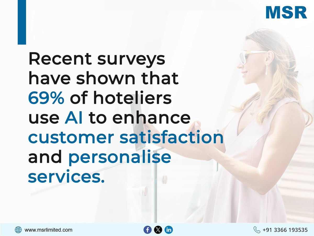 msritsolution's tweet image. According to recent surveys, 73% of hospitality IT decision-makers use AI to better understand guest needs, while 69% use it to enhance customer satisfaction and personalize services.

To know more visit: msrlimited.com
#AItech #geuestexperience #personalisation  #MSR