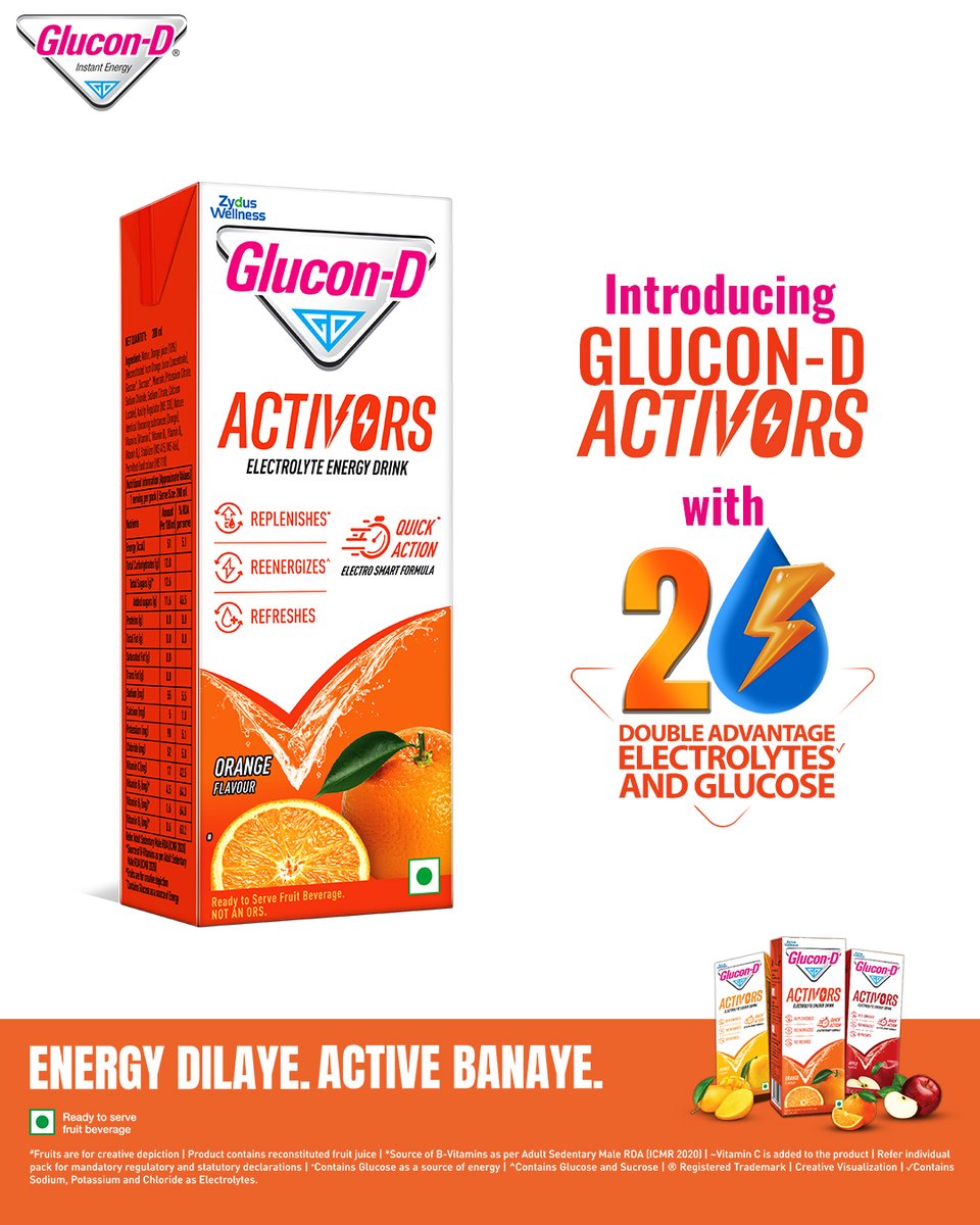 Glucon-D India (@glucondindia) on Twitter photo Introducing NEW Glucon-D Activors, the Electrolyte Energy Drink with the Double Advantage of Electrolytes and Glucose! ⚡💧 Stay energized and active for all your daily adventures! 
#GluconD #Activors #DoubleAdvantage #Energy #Electrolytes #EnergyDilayeActiveBanaye Introducing NEW Glucon-D Activors, the Electrolyte Energy Drink with the Double Advantage of Electrolytes and Glucose! ⚡💧 Stay energized and active for all your daily adventures! 
#GluconD #Activors #DoubleAdvantage #Energy #Electrolytes #EnergyDilayeActiveBanaye