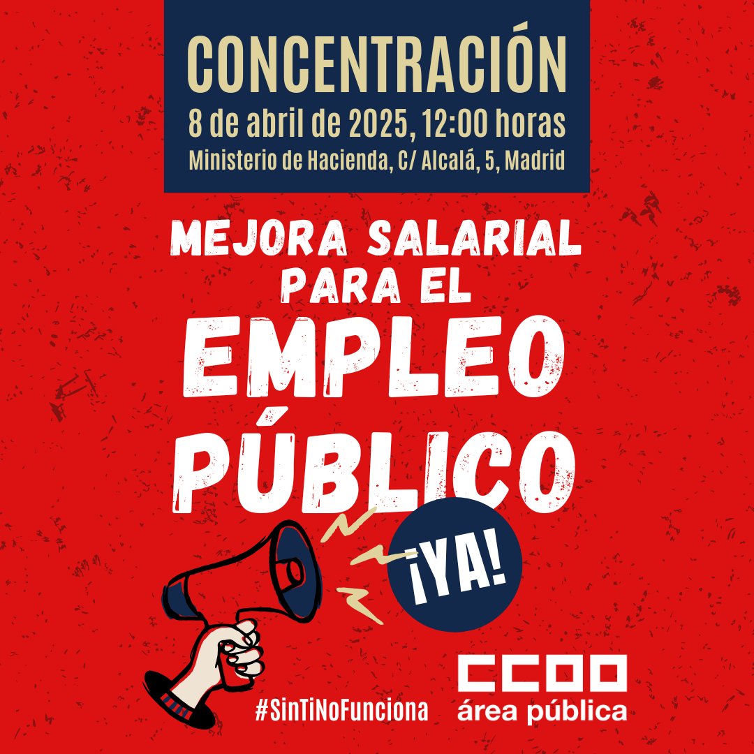 📢 Hoy a las 12:00 nos movilizaremos por el empleo público.

🤝 Exigimos un nuevo acuerdo para el sector público que lo sitúe en la senda de la recuperación económica, que mejore los derechos y que permita rejuvenecer sus plantillas.

#SinTiNoFunciona