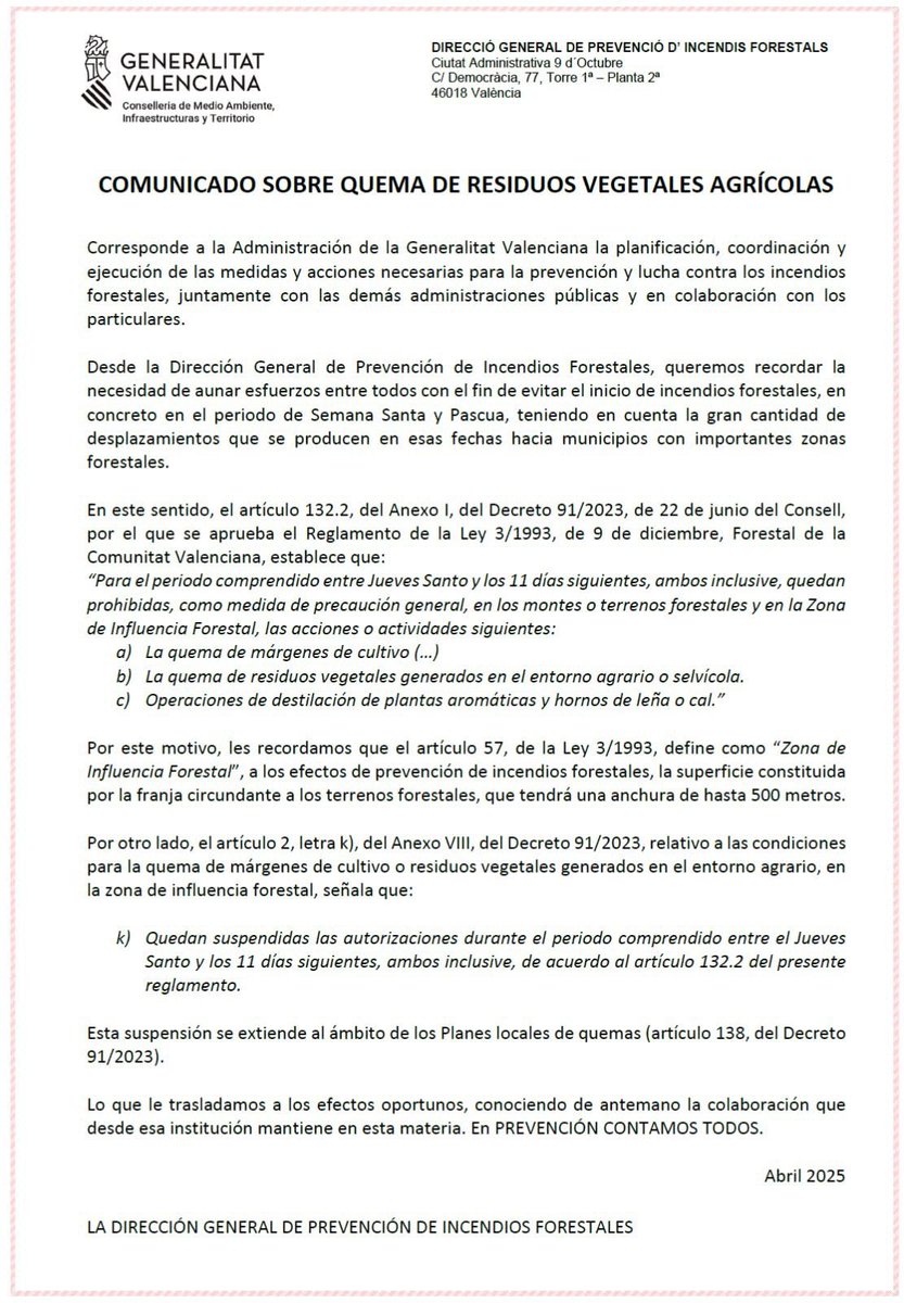 📢Comunicadoimportante sobre Quema de Residuos Vegetales Agrícolas 🔥🚫
👨‍🚒 Desde la Dirección General de Prevención de Incendios Forestales se ha emitido un comunicado: Quedan totalmente prohibidas, desde el Jueves Santo y durante los 11 días siguientes (ambos inclusive).  👇👇👇