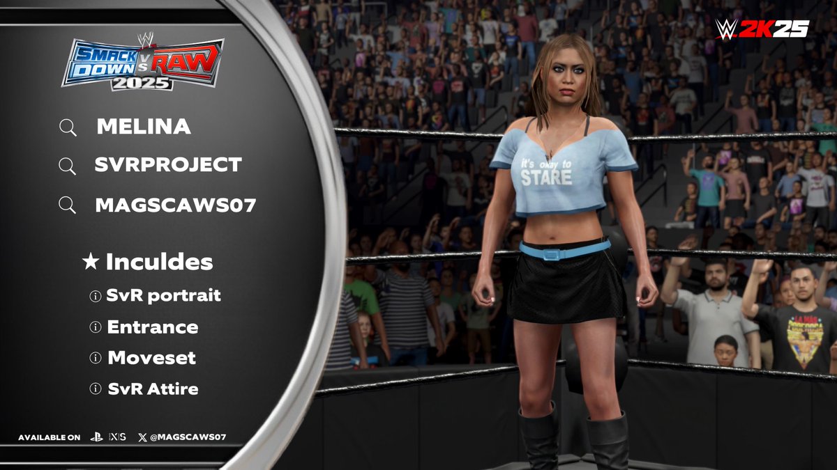 MAGSCAWS07's tweet image. NEW! #WWE2K25 Upload
⭑( MELINA )
⭑ Search tag ➤ #MELINA
⭑ Search tag ➤ #MAGSCAWS07
⭑ Search tag ➤ #SVRPROJECT
➪ Collaboration - @vic0uellet
⭑ INCLUDES
● SVR 07 render,
● Moveset,
● Entrance,
● SVR 07 Attire